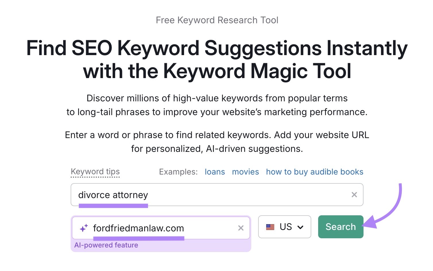 Keyword Magic Tool start with "divorce attorney" entered as the term, a domain entered, and "Search" clicked.