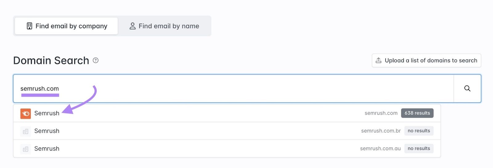The "Find email by company" tab on Hunter with a domain entered and selected from the list when it appears.