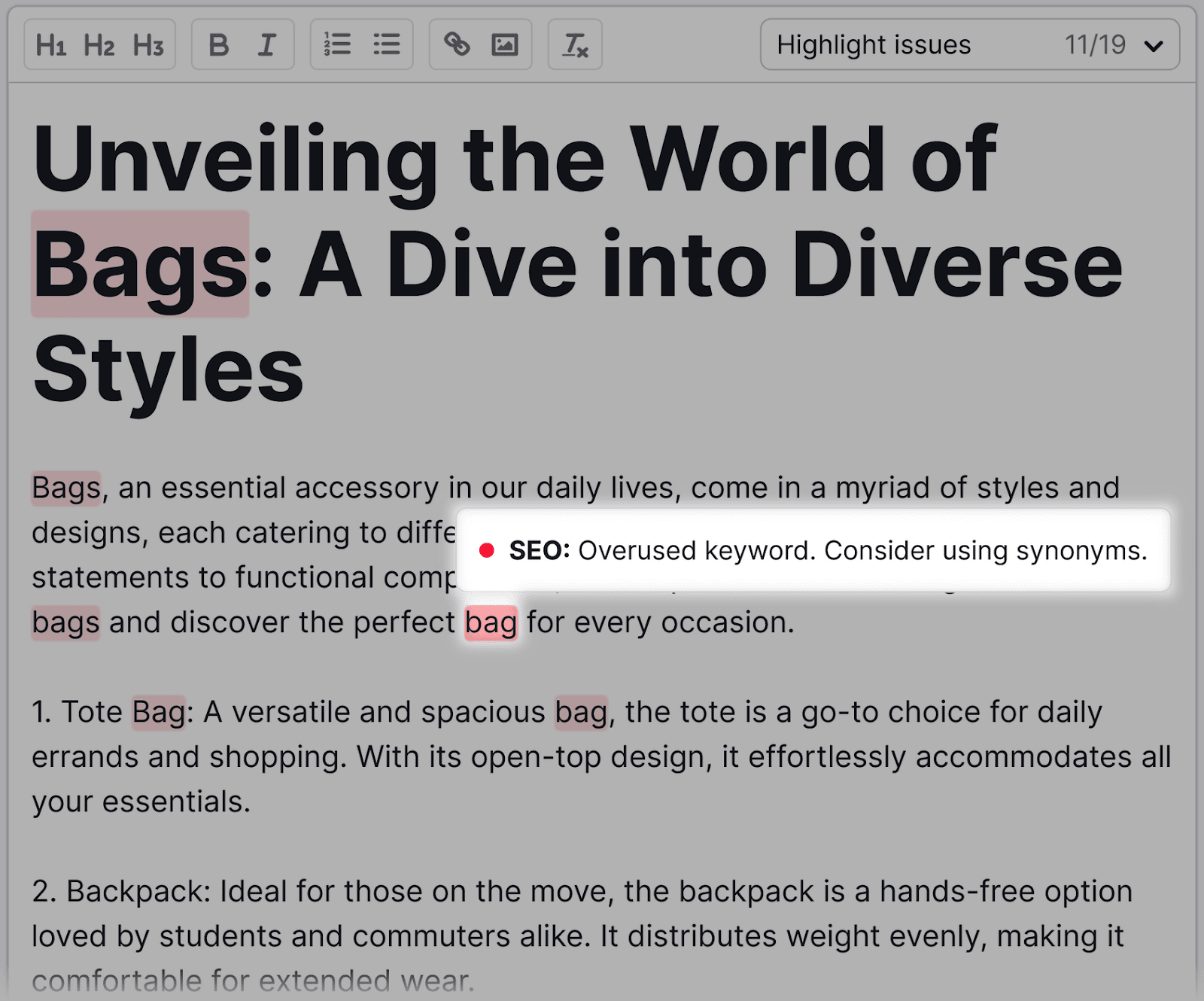 a draft text in SEO Writing Assistant, with "bag" keyword flagged by the tool as overused