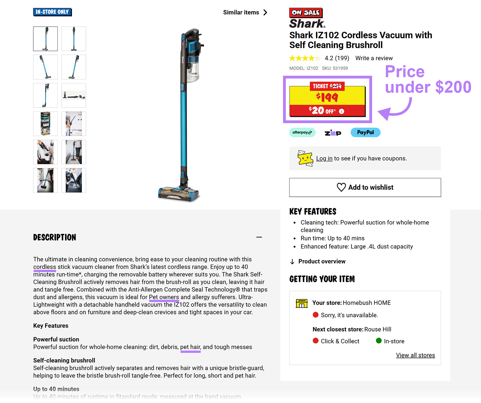 Product page for a Shark cordless vacuum with price, features, and product details highlighted
