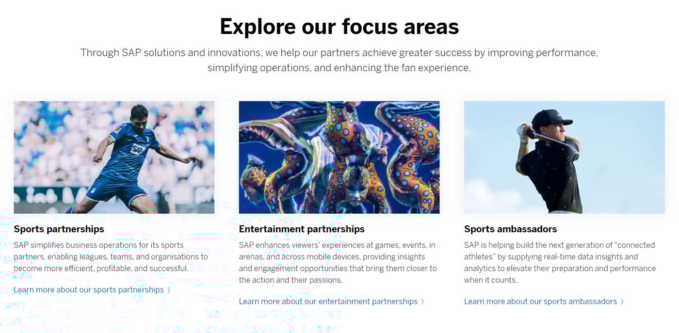 SAP's page showing different sponsorship programs, including "Sports partnerships," "Entertainment partnerships," and "Sports ambassadors"