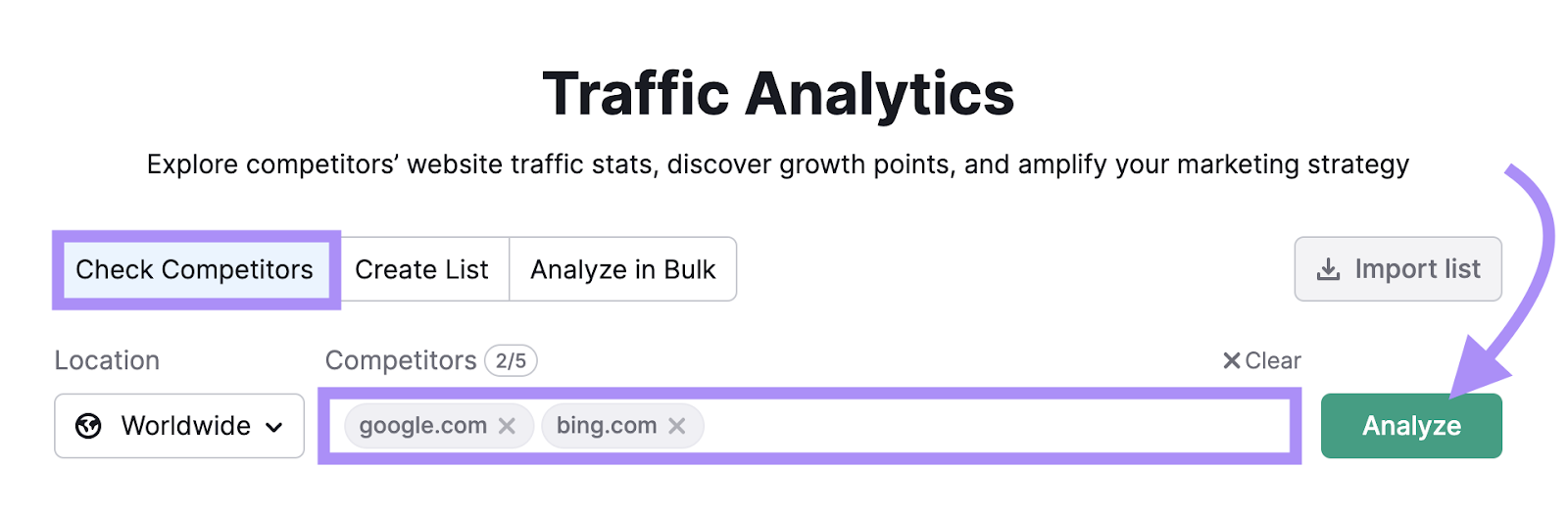 "google.com," and "sr03.balochseotools.com/__blocked-external" entered into Traffic Analytics search bar