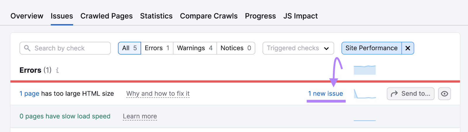 "1 page has too large HTML size" issue highlighted in Site Audit