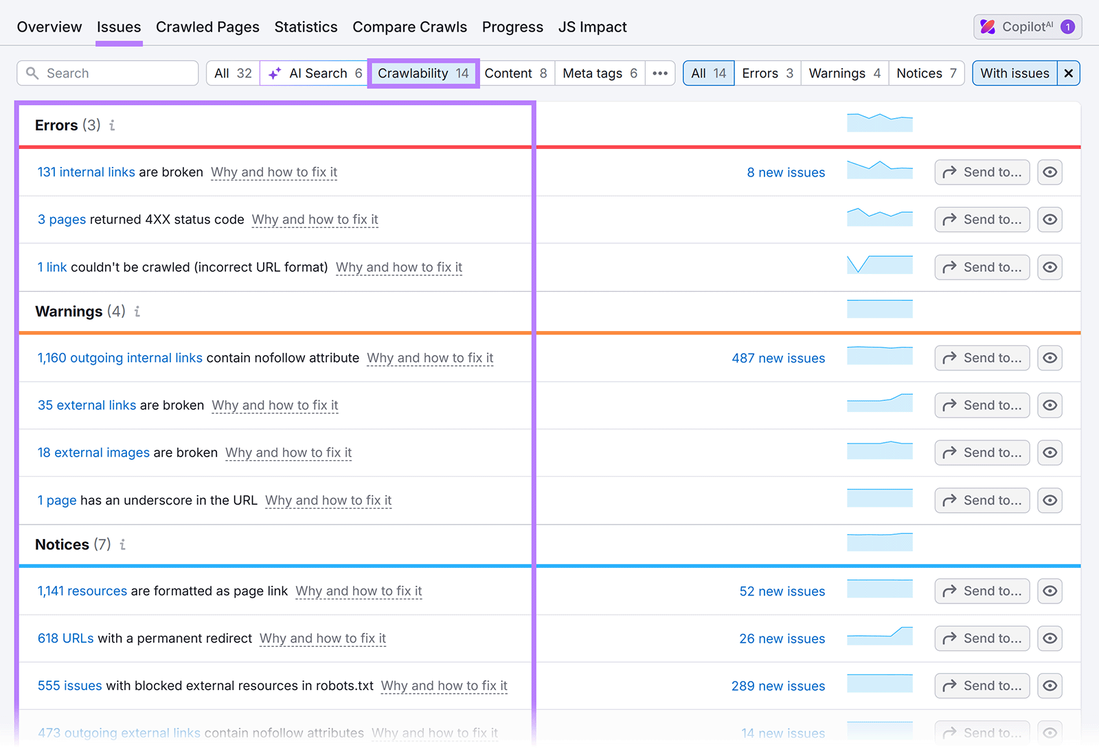 Semrush Site Audit Issues report filtered by crawlability, showing broken links, 4XX errors, and crawl failures.