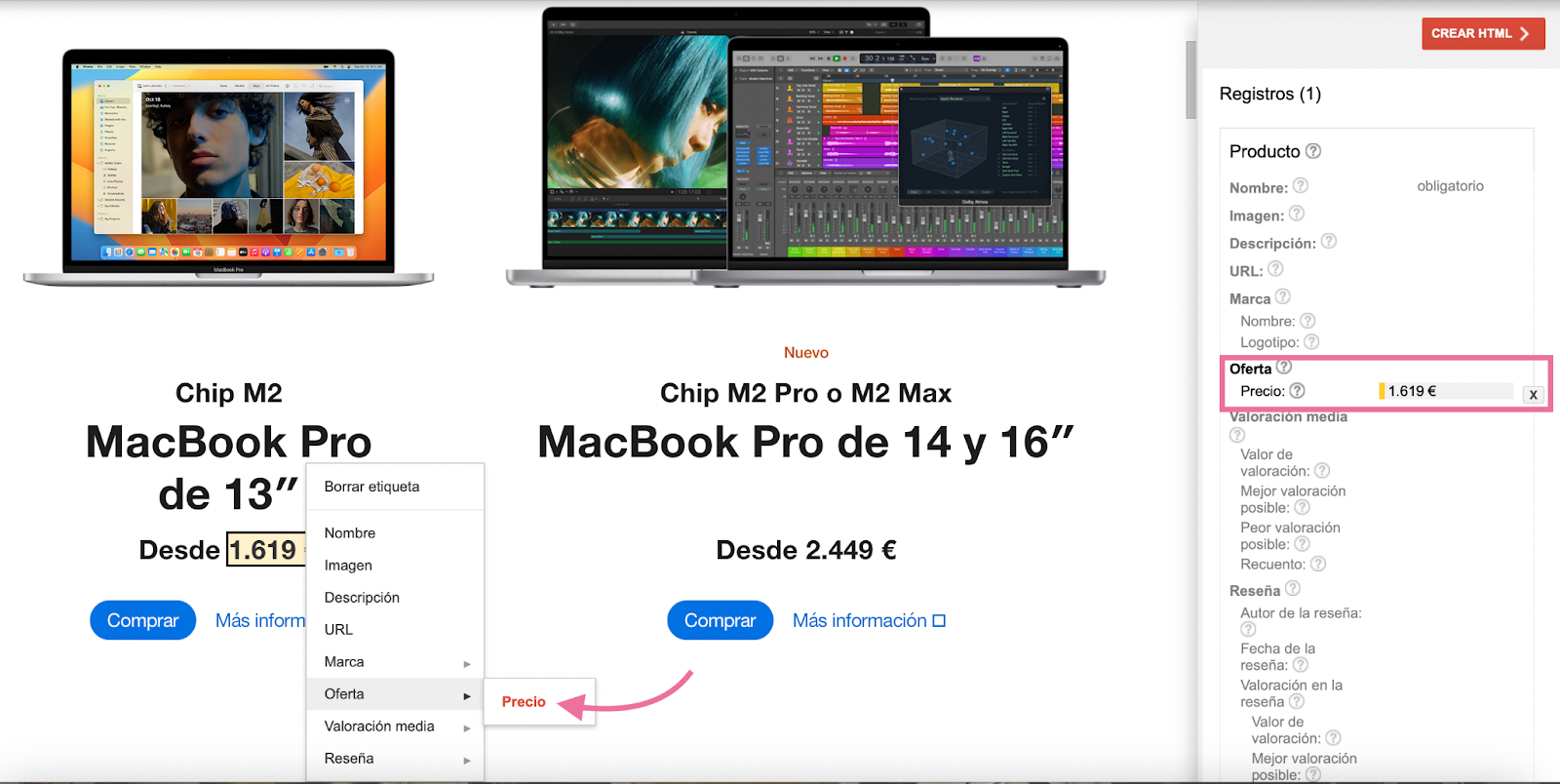 Añadir el precio en el asistente de marcado de datos estructurados