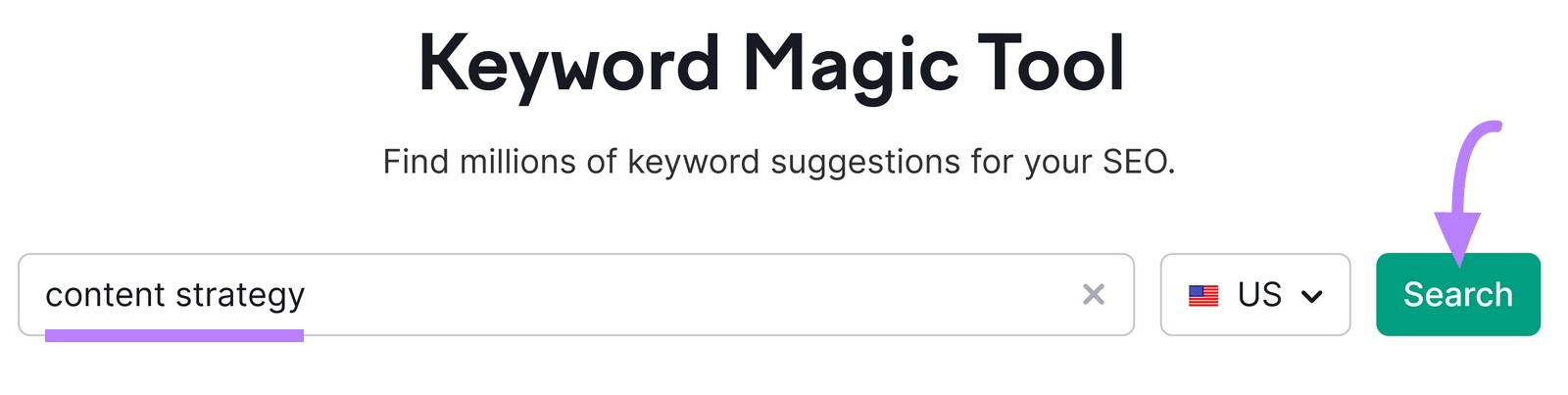 Palabra clave "estrategia de contenidos" introducida en la barra de búsqueda de Keyword Magic Tool