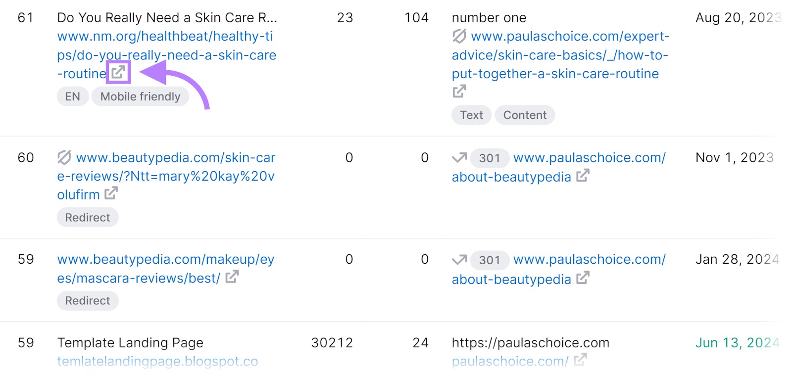 Several dofollow links shown as an example with the arrow symbol highlighted in Backlinks tool