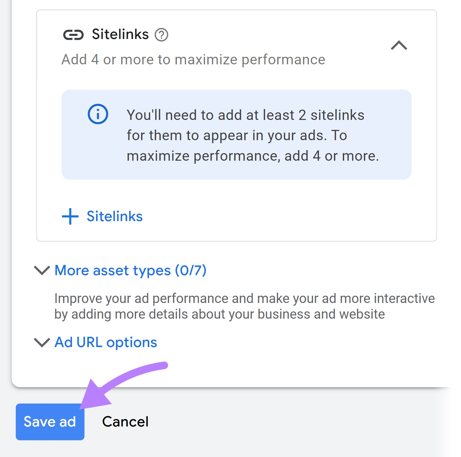 “Save ad” button at the bottom of the form