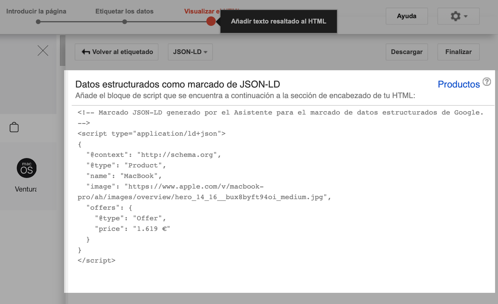 Marcado JSON-LD en el asistente de marcado de datos estructurados