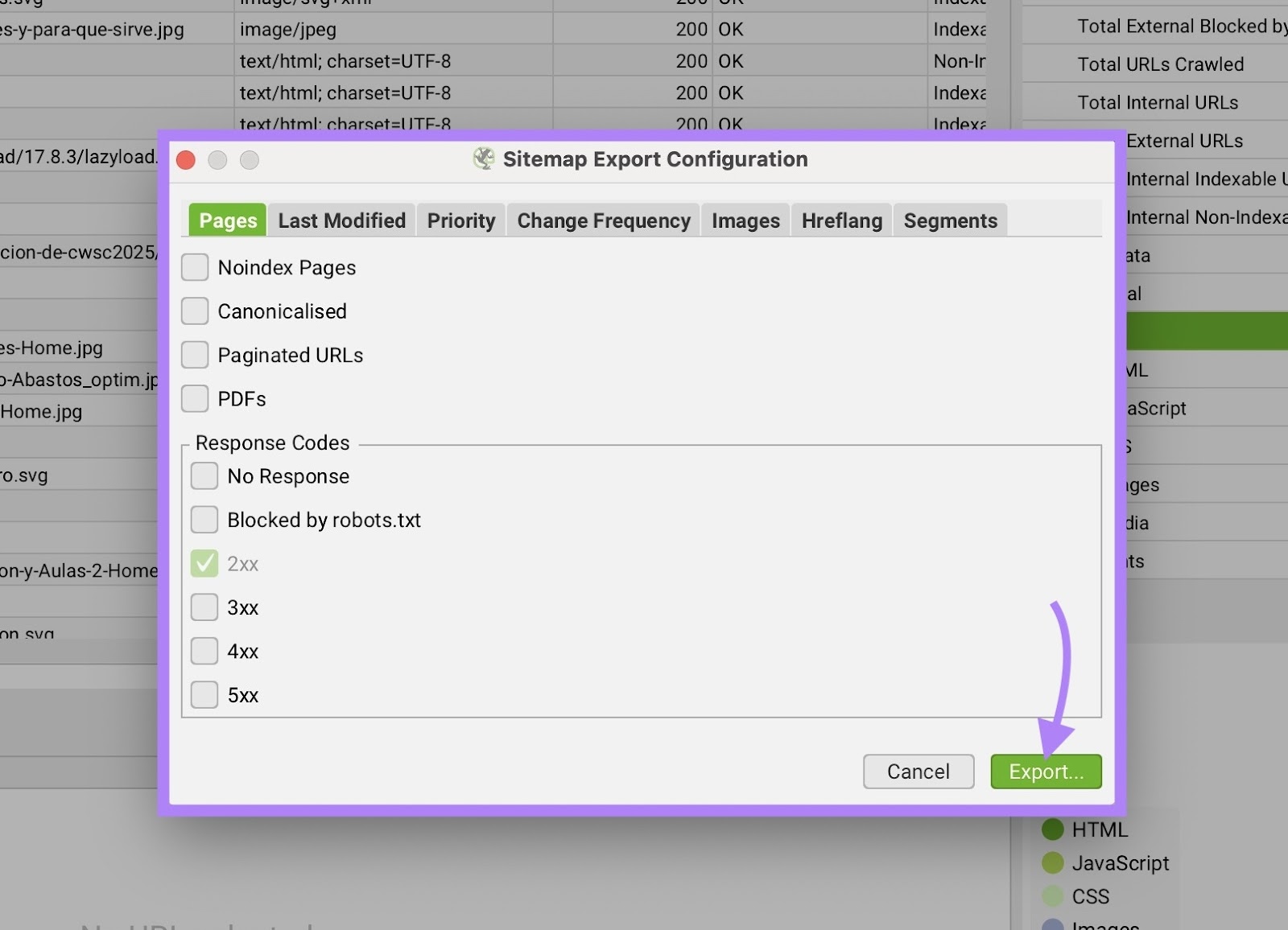 Sitemap Export Configuration on the Screaming Frog SEO Spider tool.
