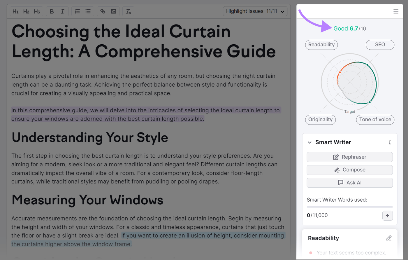 SEO Writing Assistant tool scores your content based on SEO, readability, originality, and tone of voice