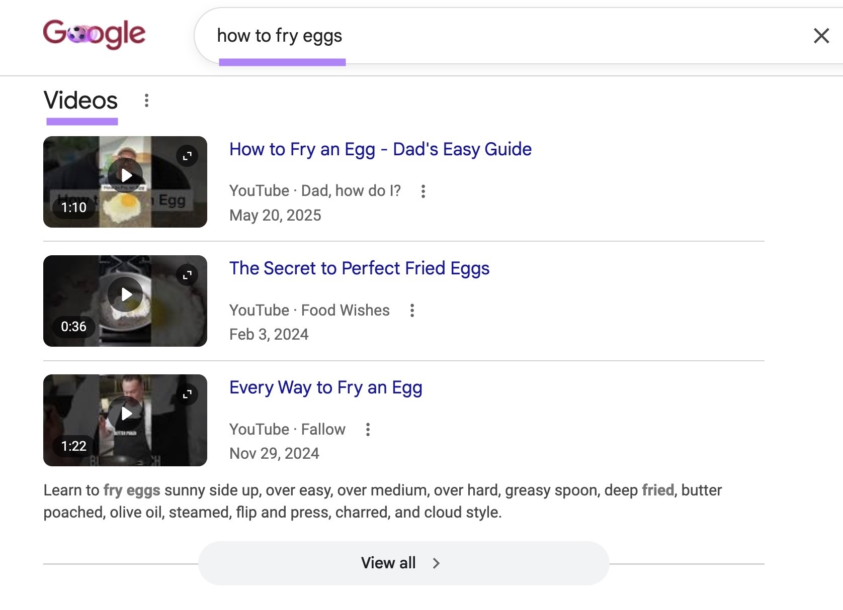 Google SERP with "how to fry eggs" entered triggering video results.