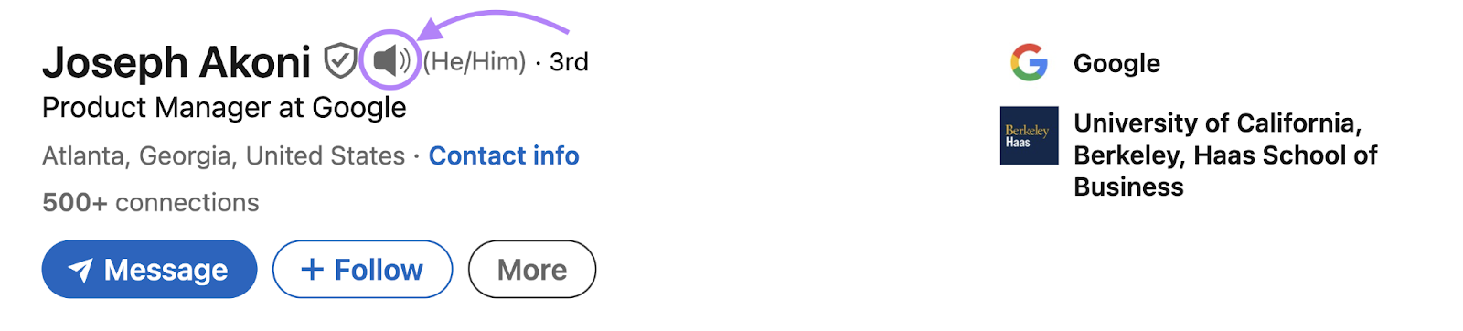 A name pronunciation button on Joseph Akoni's LinkedIn profile