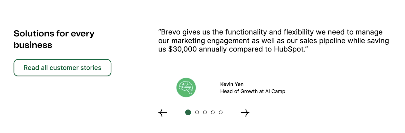 The testimonial includes a quote, the customer's name, customer's position, and brand logo.