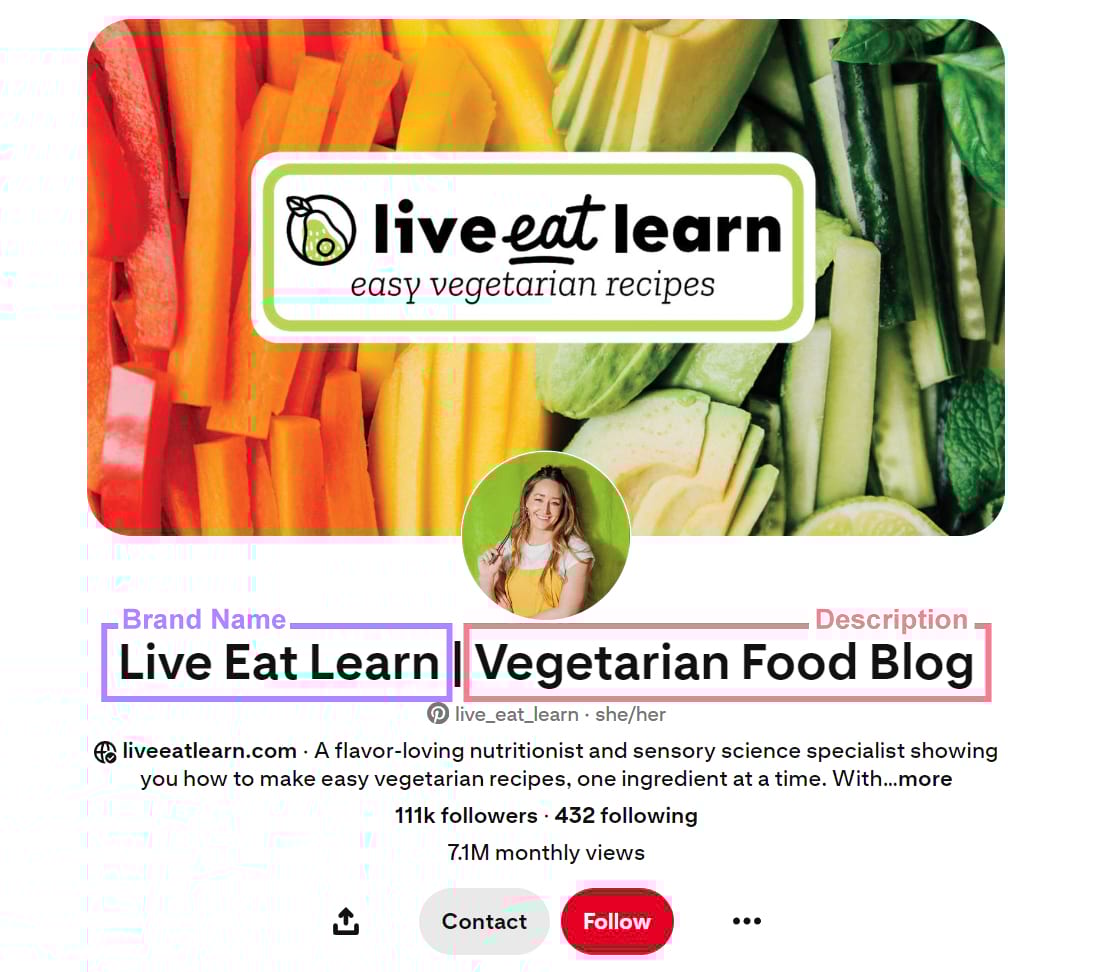 Live Eat Learn Pinterest page showing the brand name and the description.