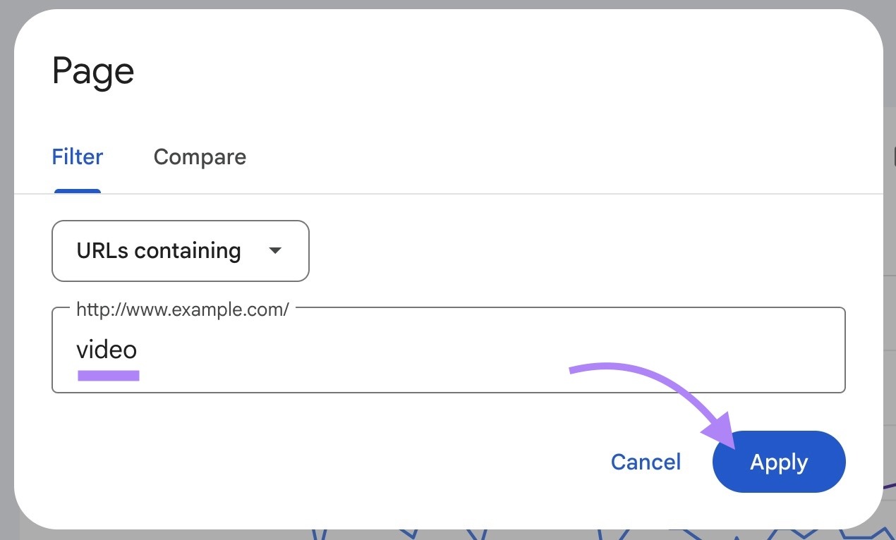 Page filter on Google Search Console with "video" entered and "Apply" clicked.