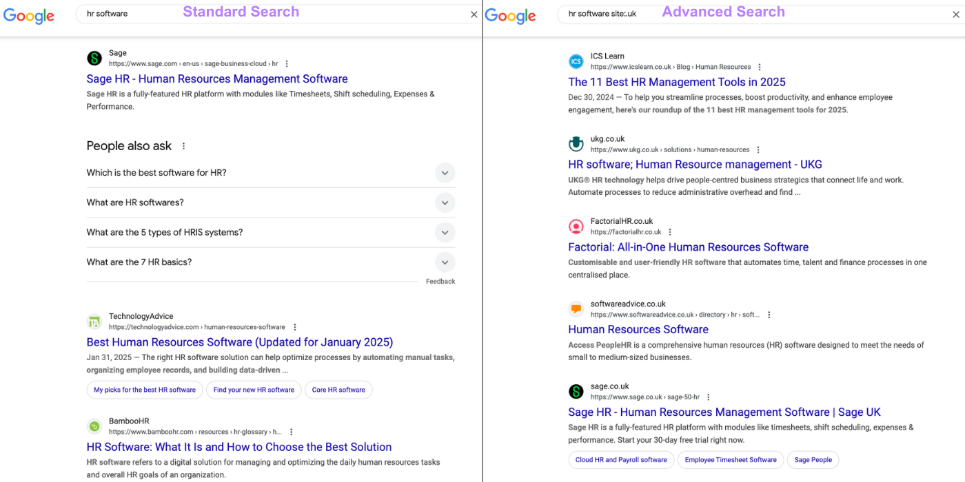 A standard search shown on the left is different than an advanced search with filters on the right.