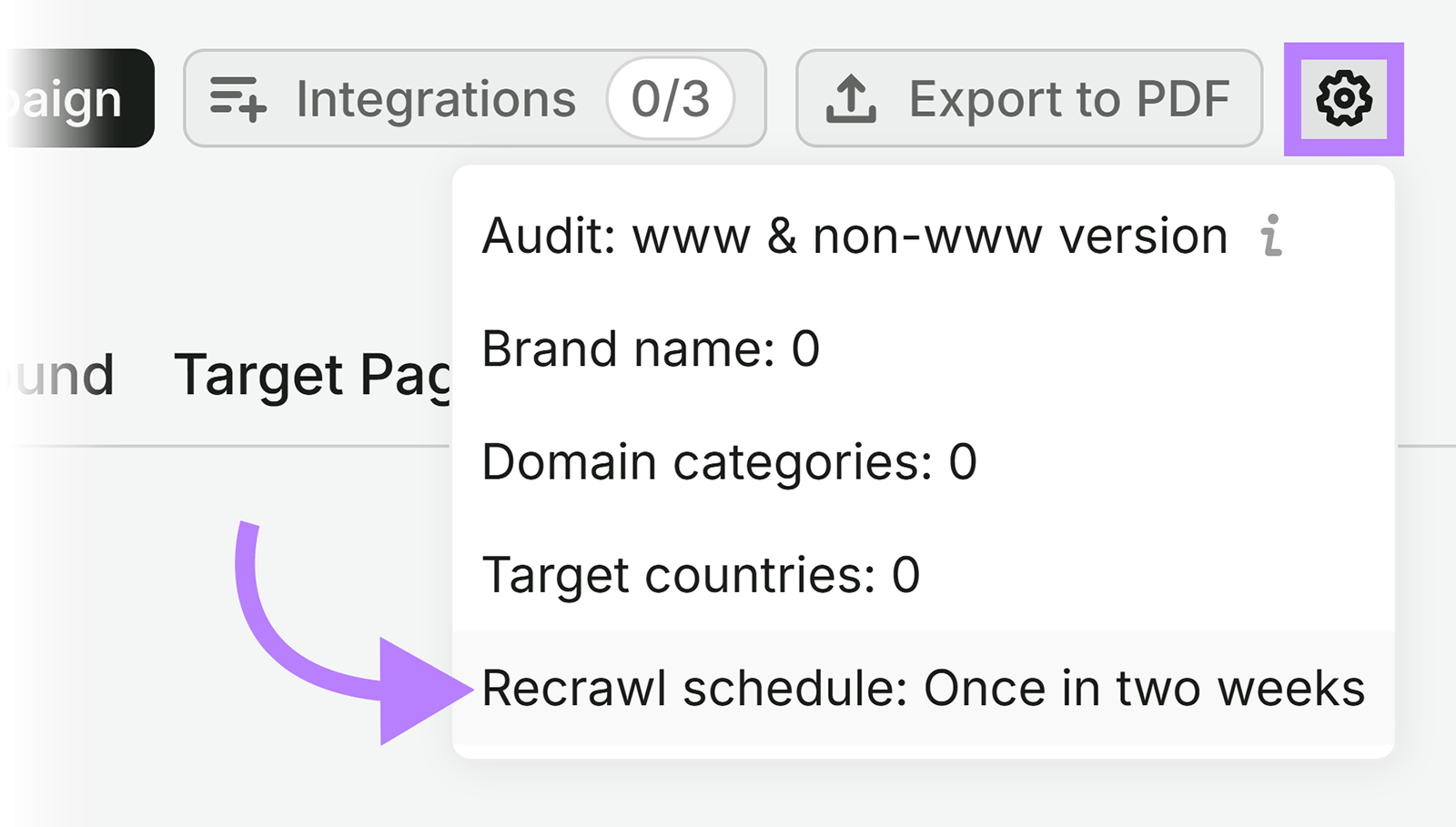 Backlink Audit settings showing the Recrawl schedule option in dropdown
