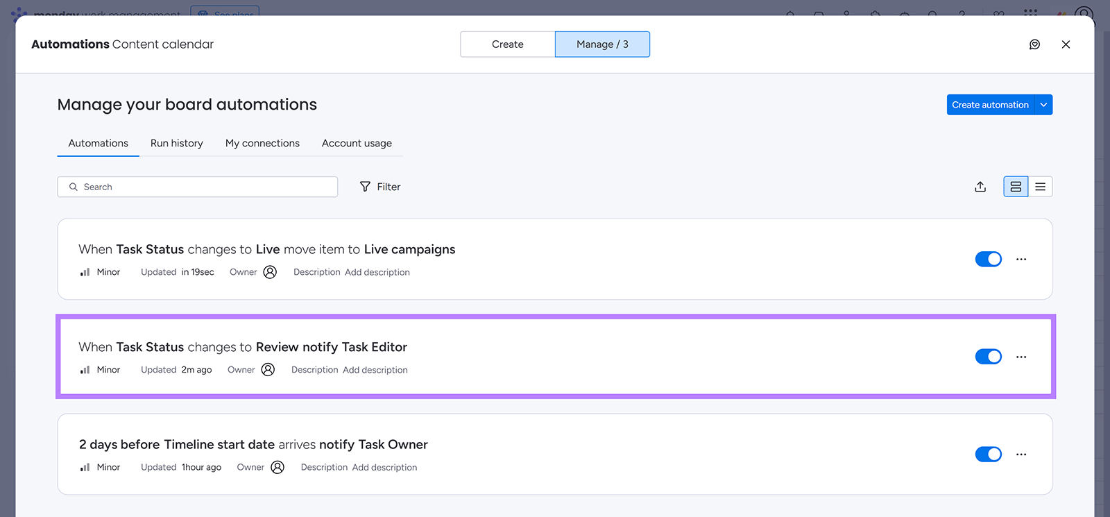 Monday.com automation settings showing rules triggered by task status changes in a content calendar.