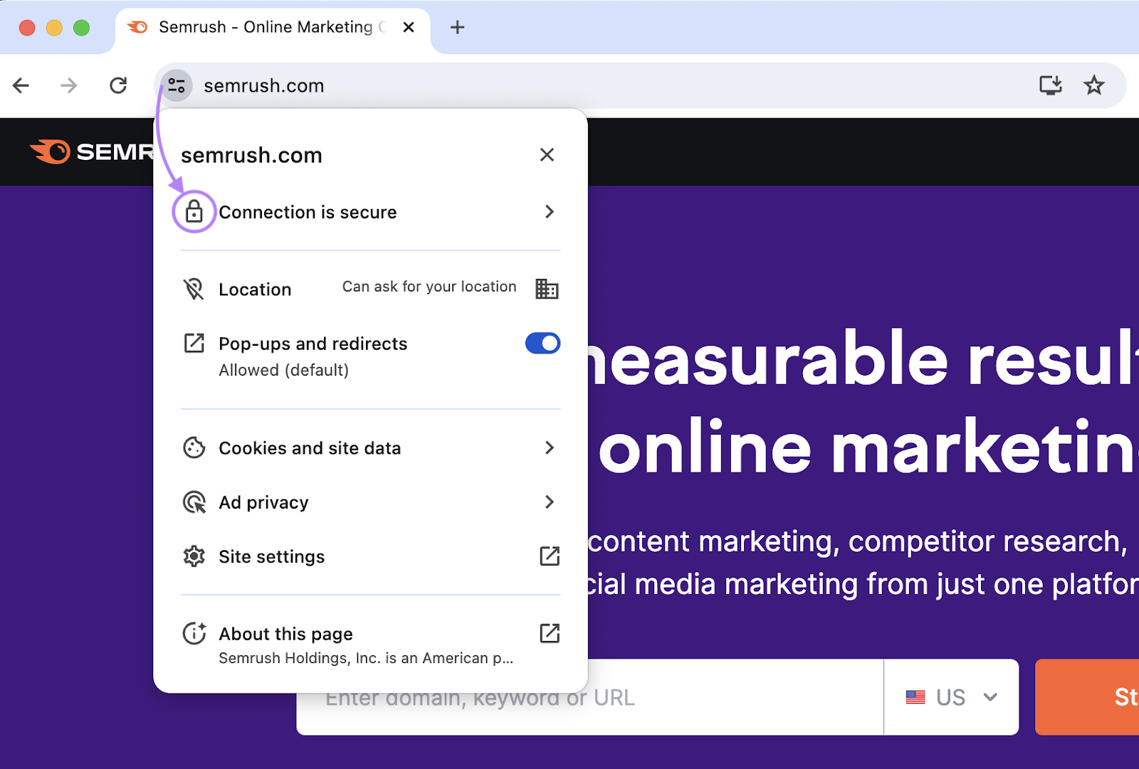 "Connection is secure" padlock next to the "sr03.balochseotools.com" in the browser’s address bar