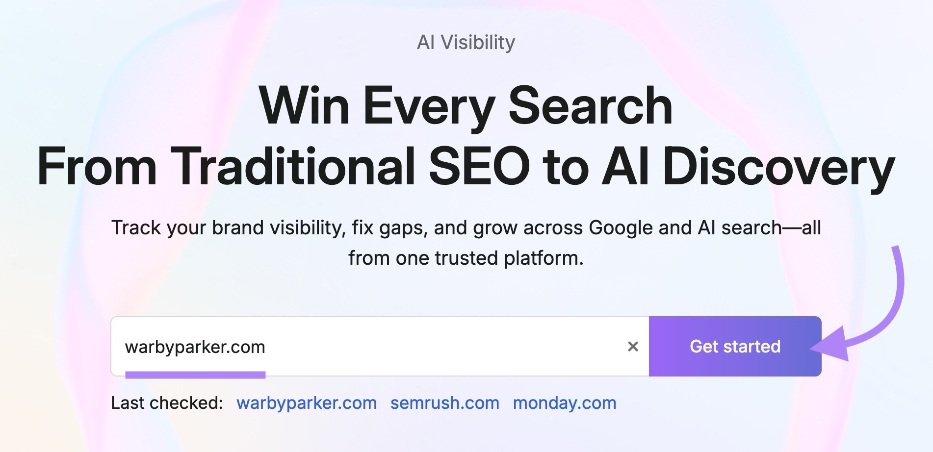 AI Visibility tool start with "warbyparker.com" entered as the domain and "Get started" clicked.