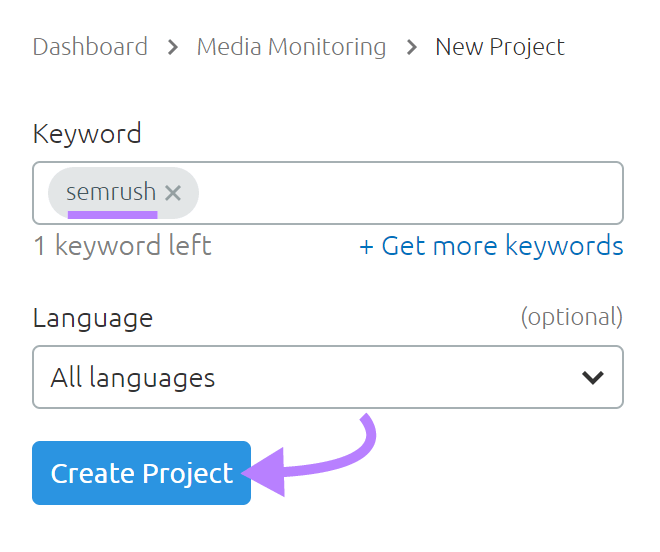 "semrush" keyword entered into the Media Monitoring app