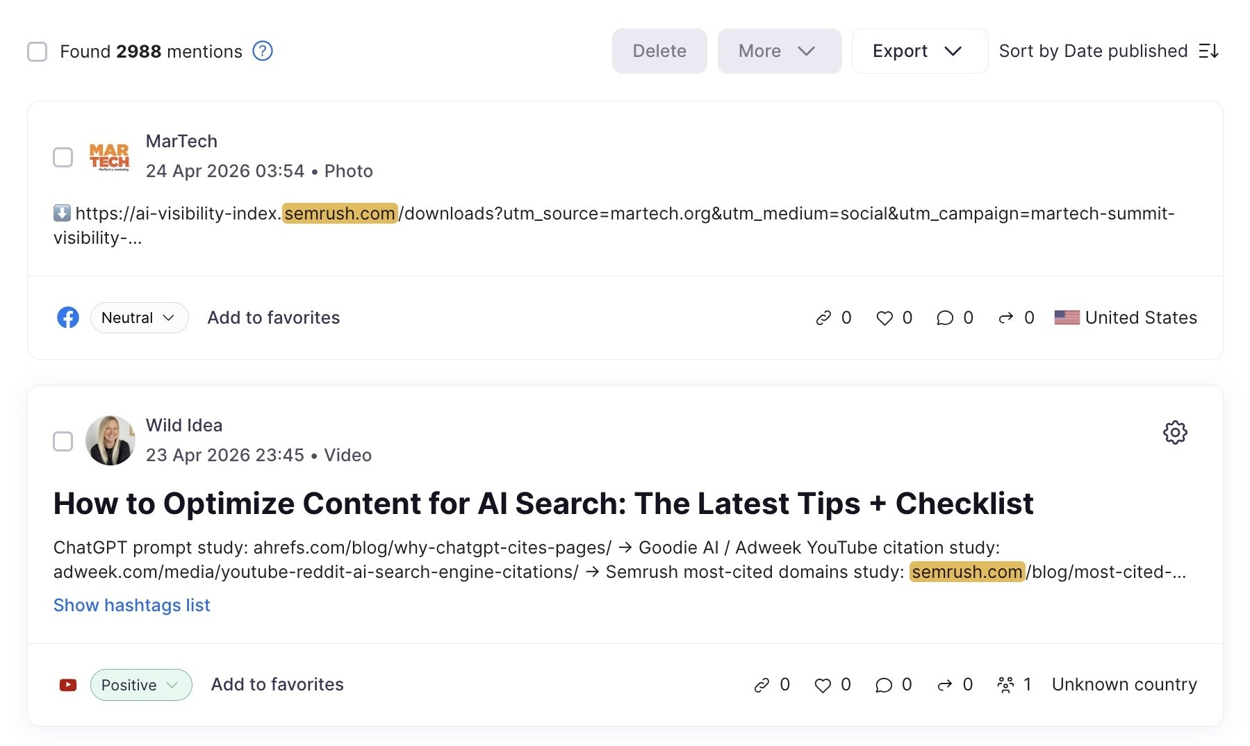 Brand Monitoring tool showing a list of brand mentions for "sr03.balochseotools.com" across platforms.
