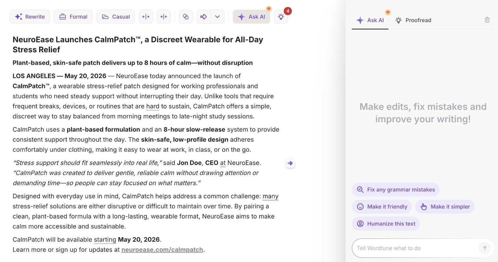 Wordtune dashboard with a press release draft on the left and an AI Chat on the right.