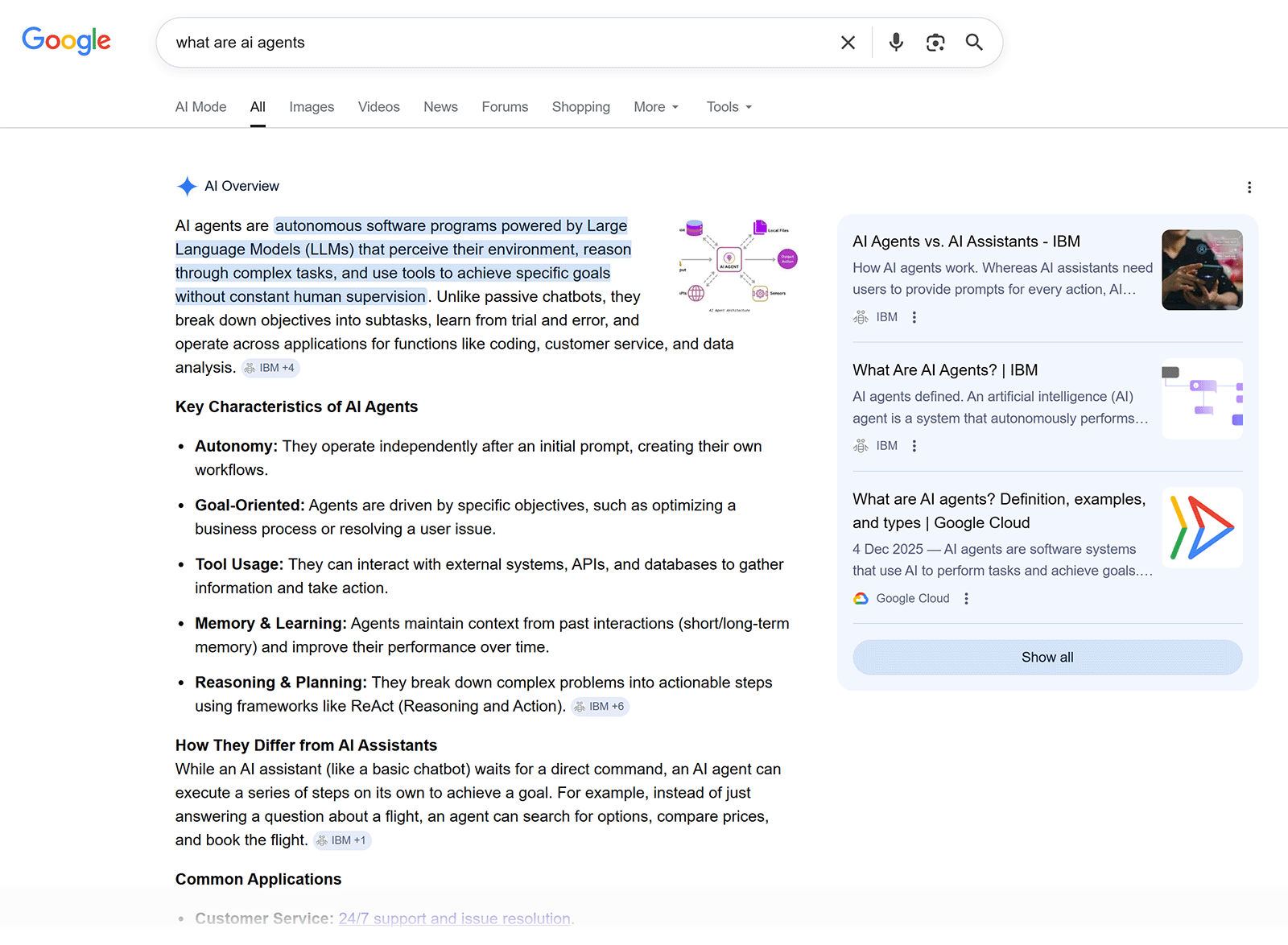 Google search results displaying an AI Overview summarizing what AI agents are