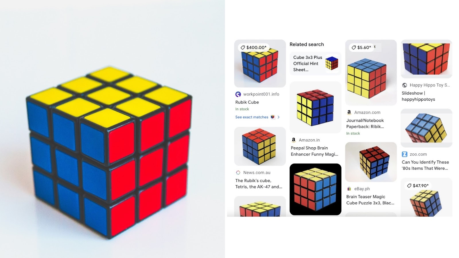 An image of a Rubik's Cube provided to Google on the left and related images Google provides back on the right.