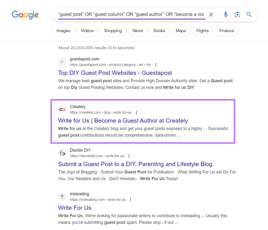Finding relevant guest post opportunities on the SERP using the "OR" search operator.