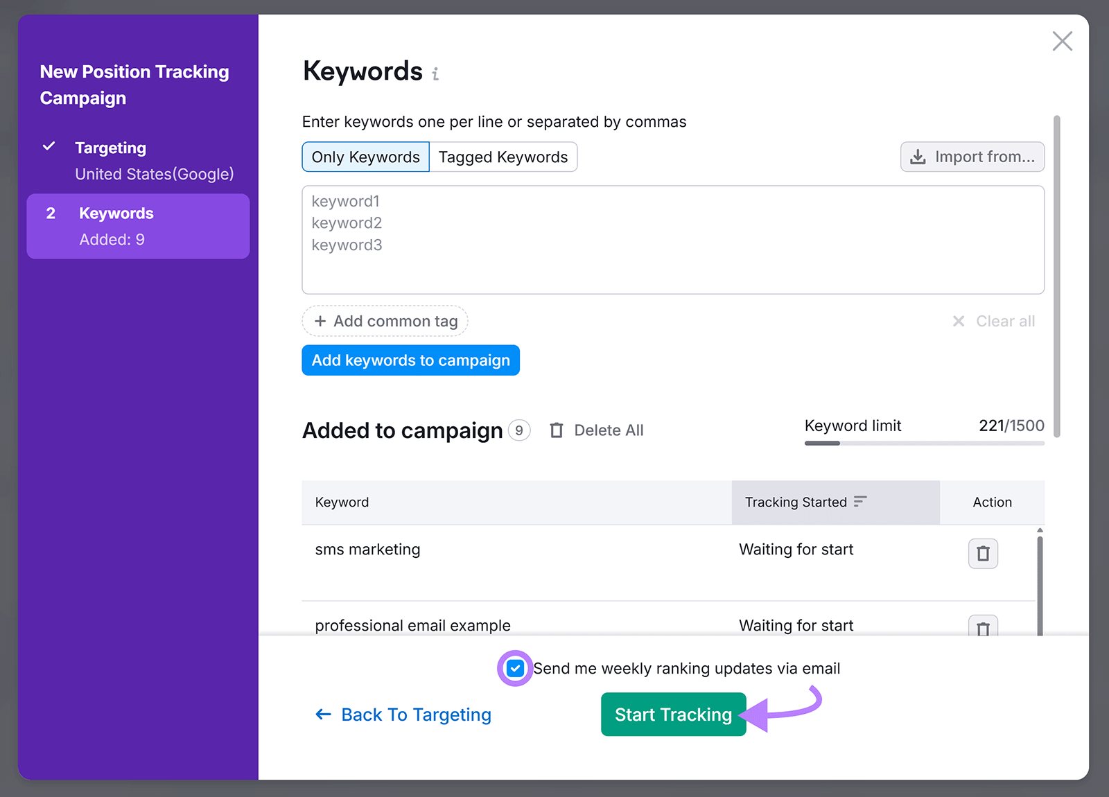 Keywords added to campaign list with checkbox for email updates and arrow pointing to "Start Tracking" button
