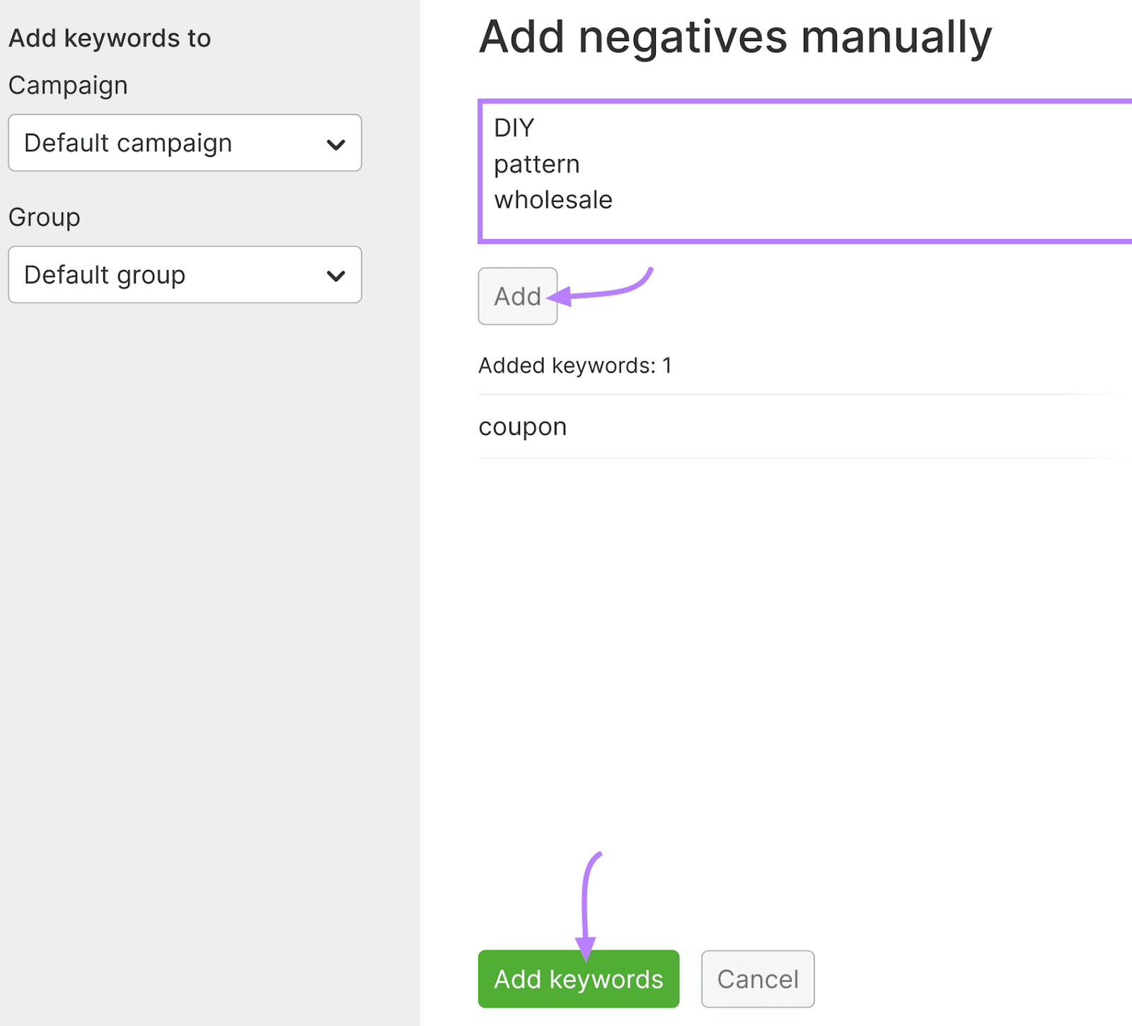 PPC Keyword Tool interface for adding negative keywords manually, with add buttons.