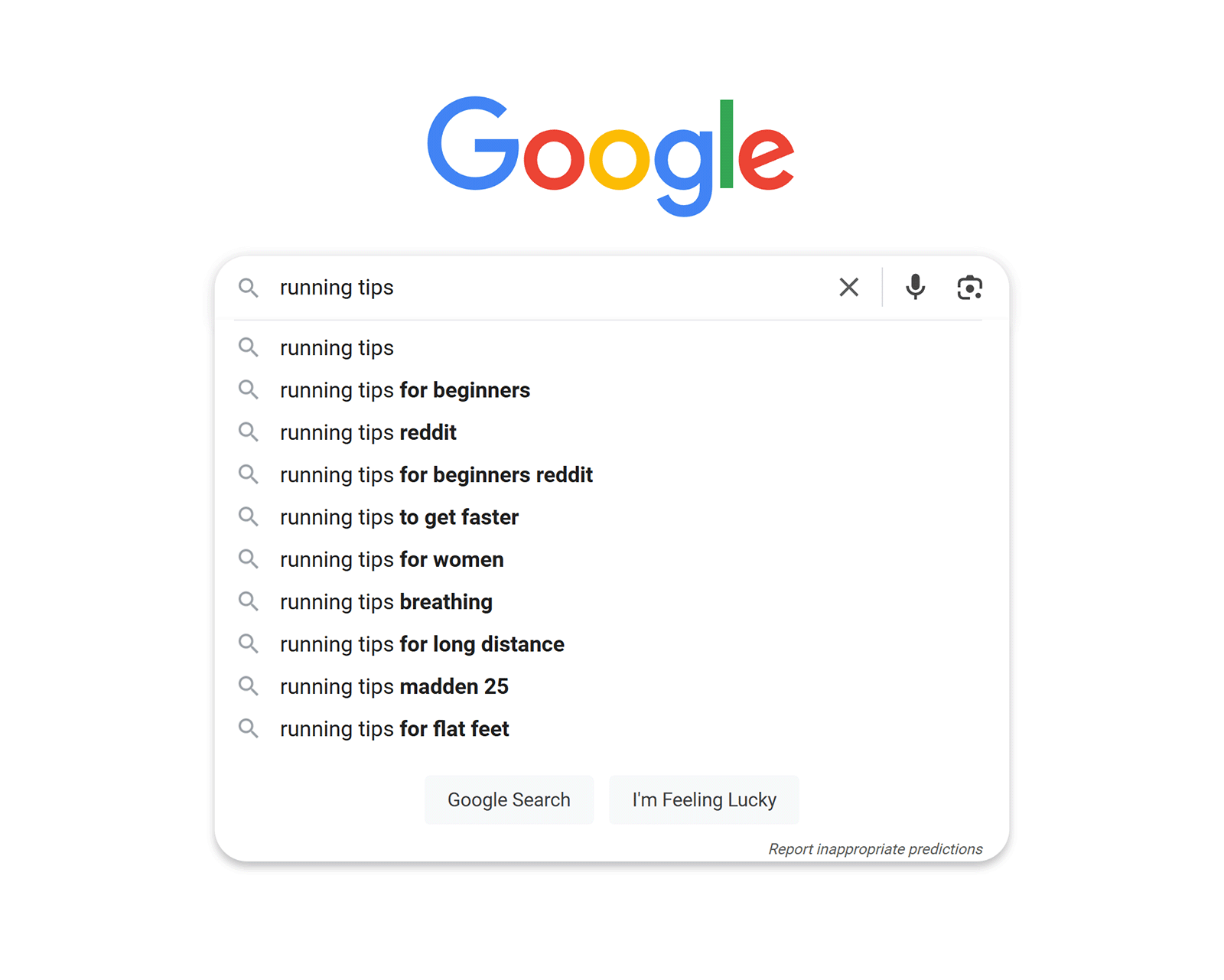 Google search bar shows suggestions for “running tips” including for beginners, women, reddit, breathing, and flat feet.