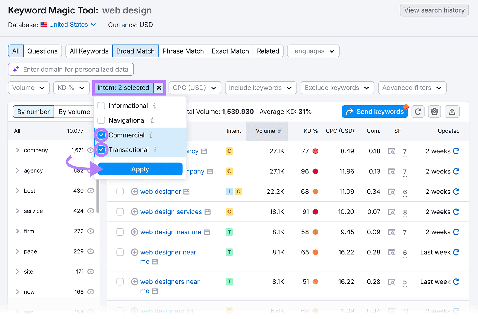Semrush Keyword Magic Tool filtering keywords by commercial and transactional intent