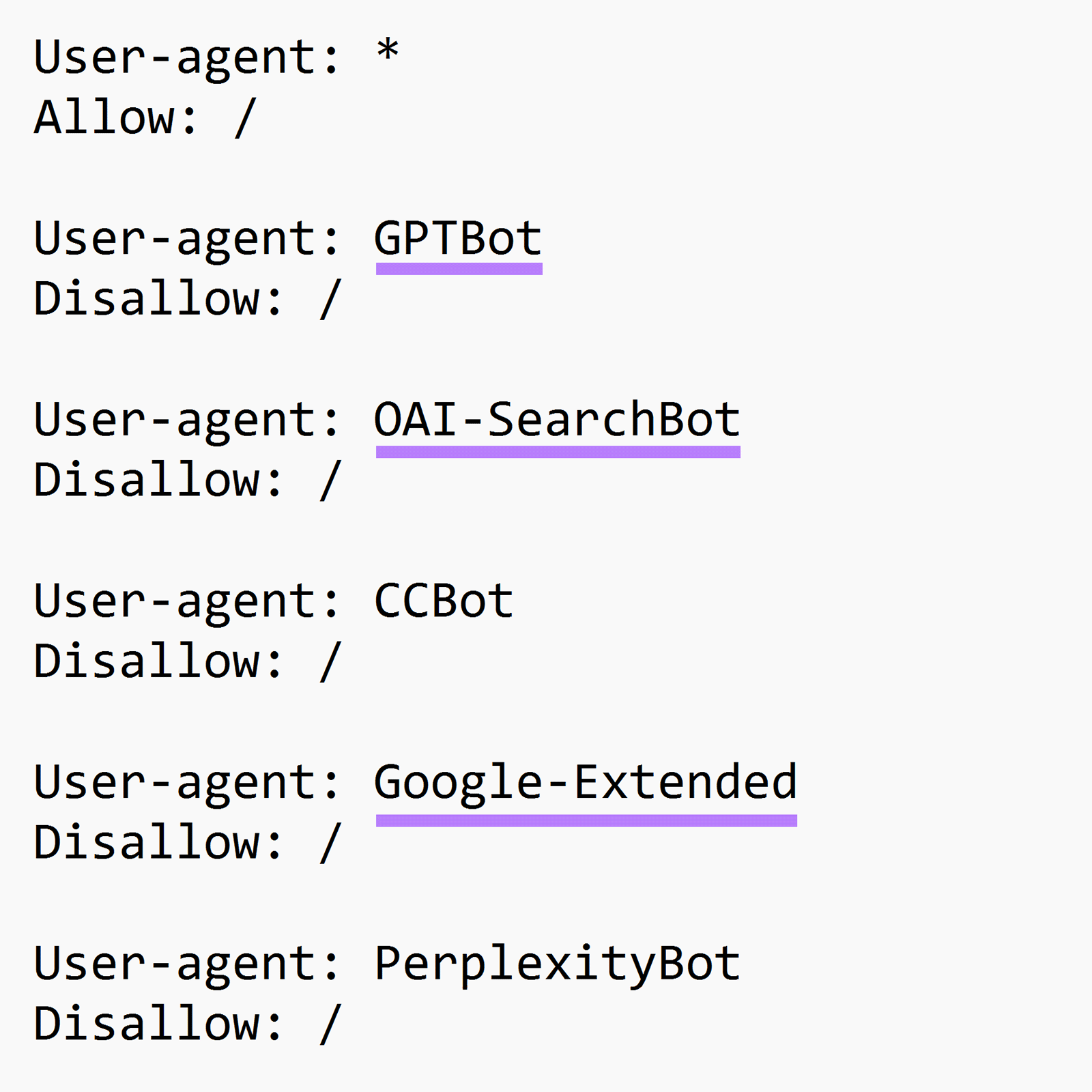Robots.txt rules blocking GPTBot, OAI-SearchBot, CCBot, Google-Extended, and PerplexityBot