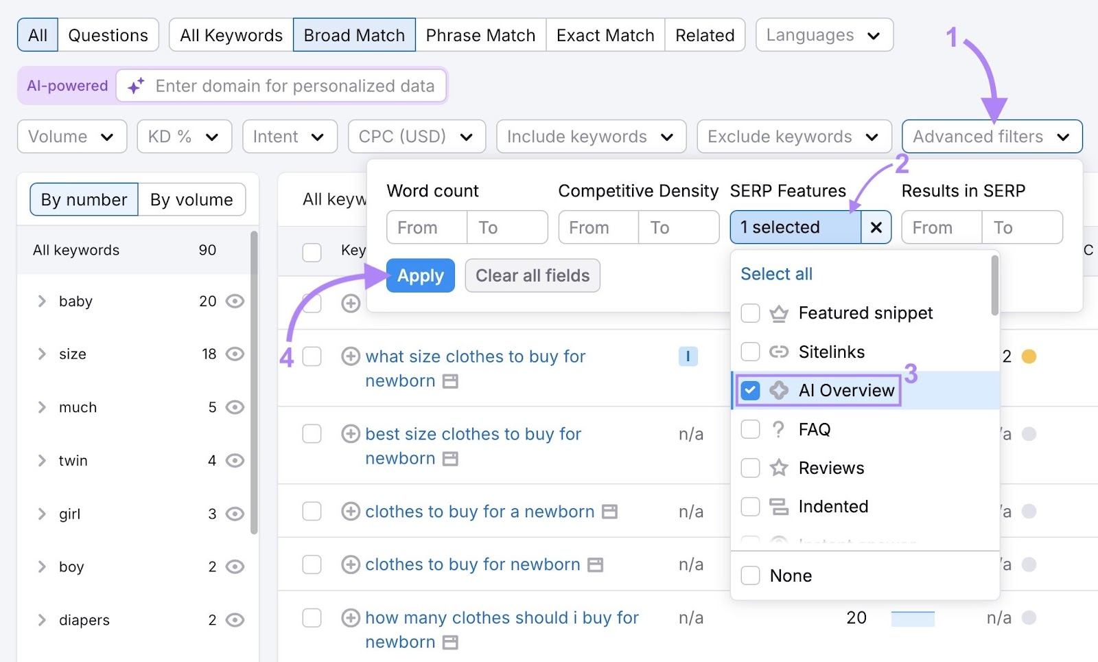 Applying a filter to only show terms that trigger an AI Overview from the "SERP Features" filter on the Keyword Magic Tool.