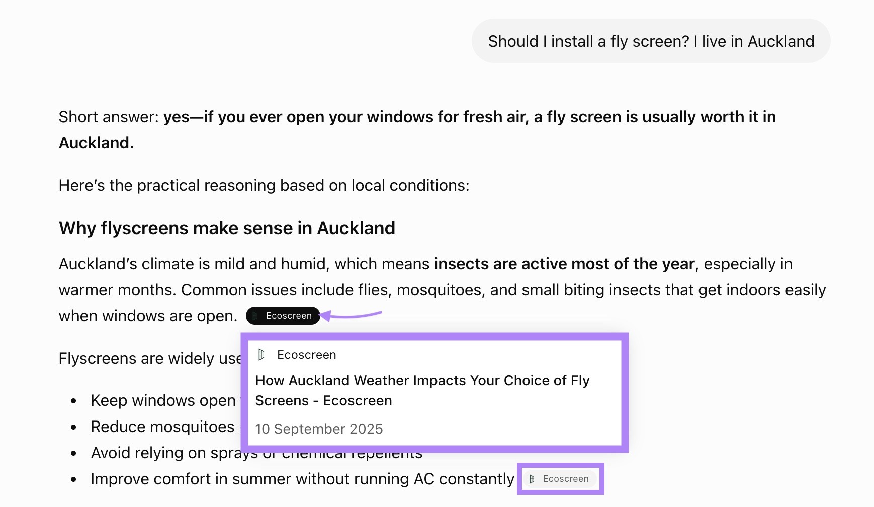 A response on ChatGPT citing multiple blog posts by a local business in Auckland for a query on installing a fly screen.