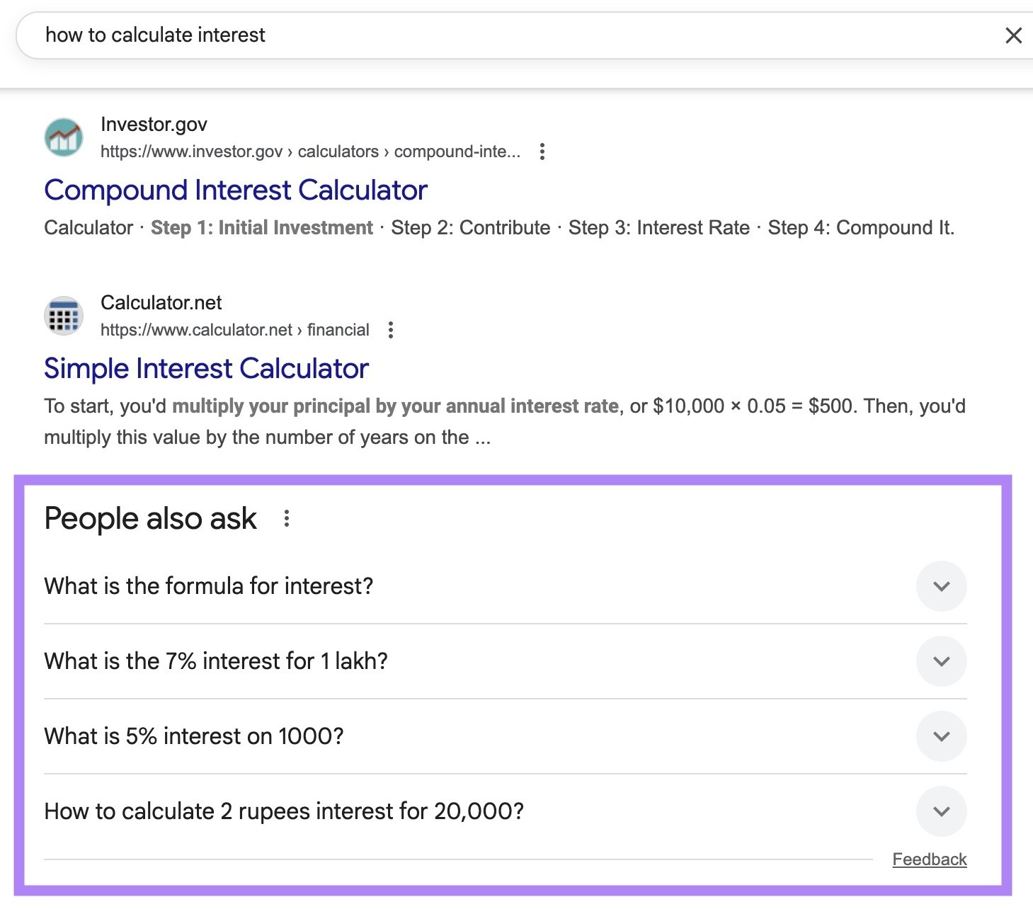 SERP for the term "how to calculate interest" with the People also ask section highlighted.