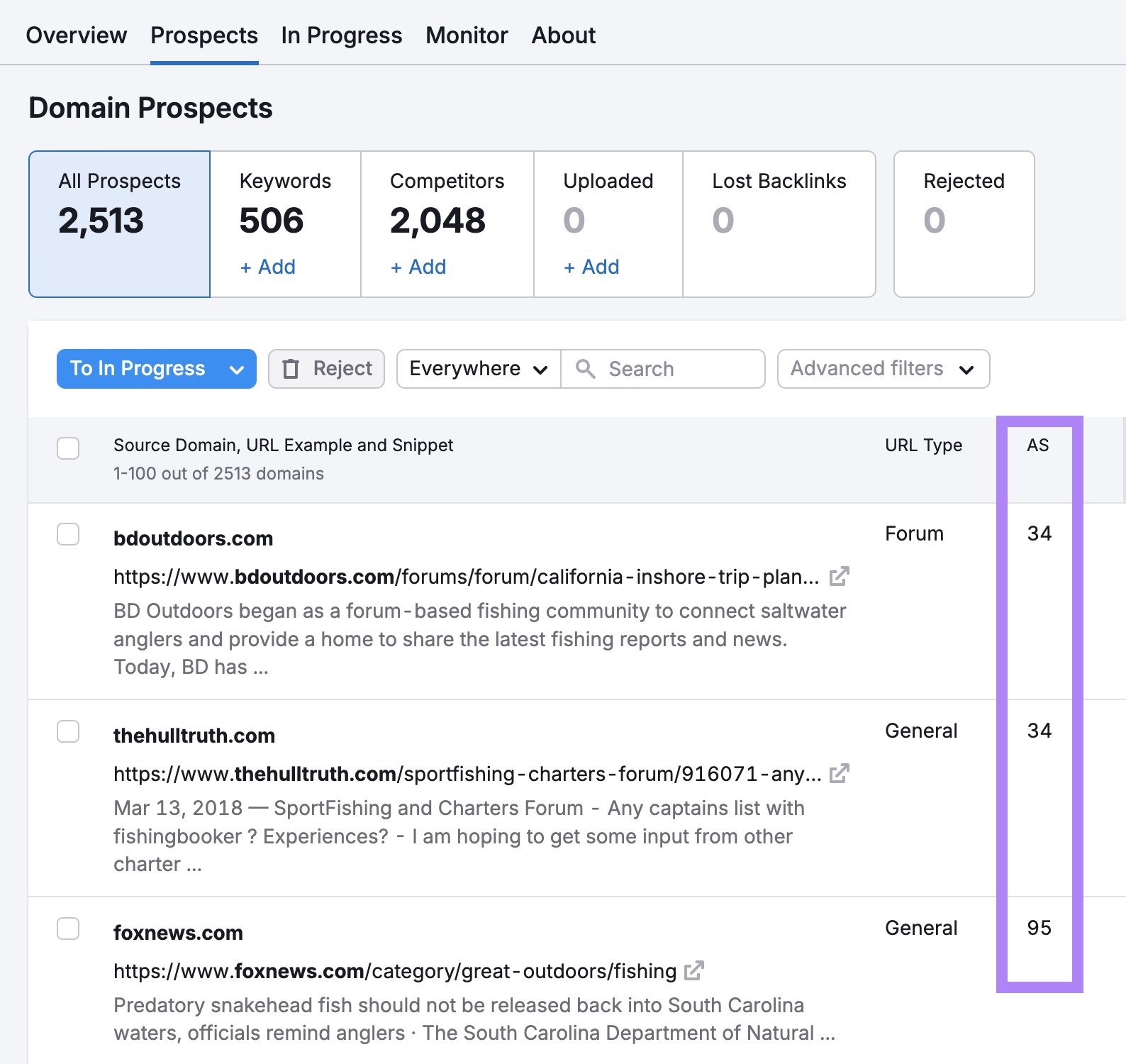Authority Score column highlighted on the Prospects tab of the Link Building tool.