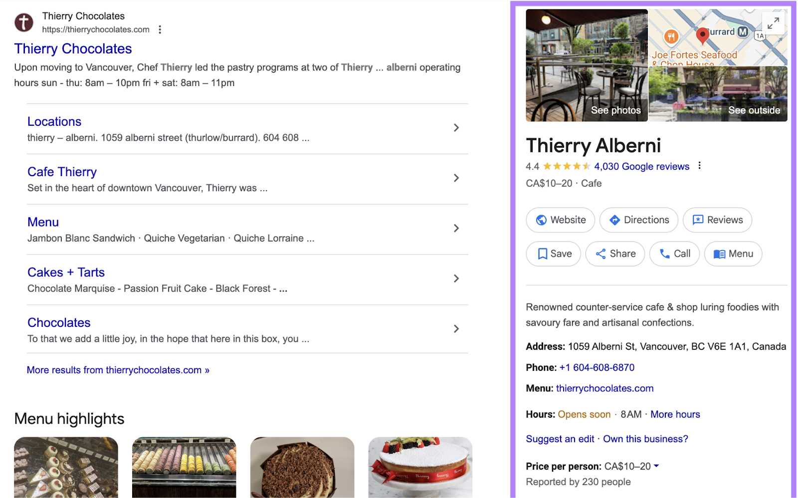 Search for a local business returns organic results and their Google Business Profile on the right hand side.