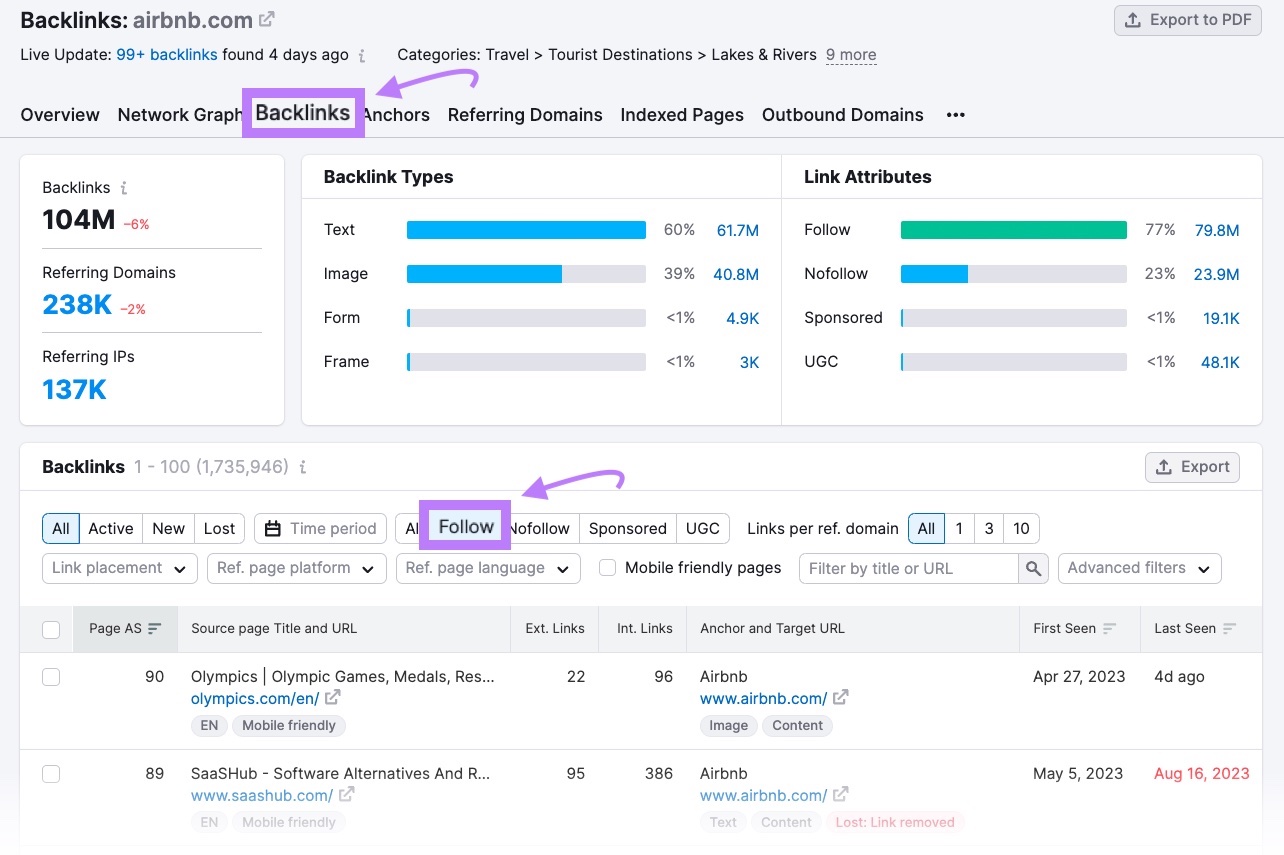 "Follow" filter highlighted under "Backlinks" tab in Backlinks