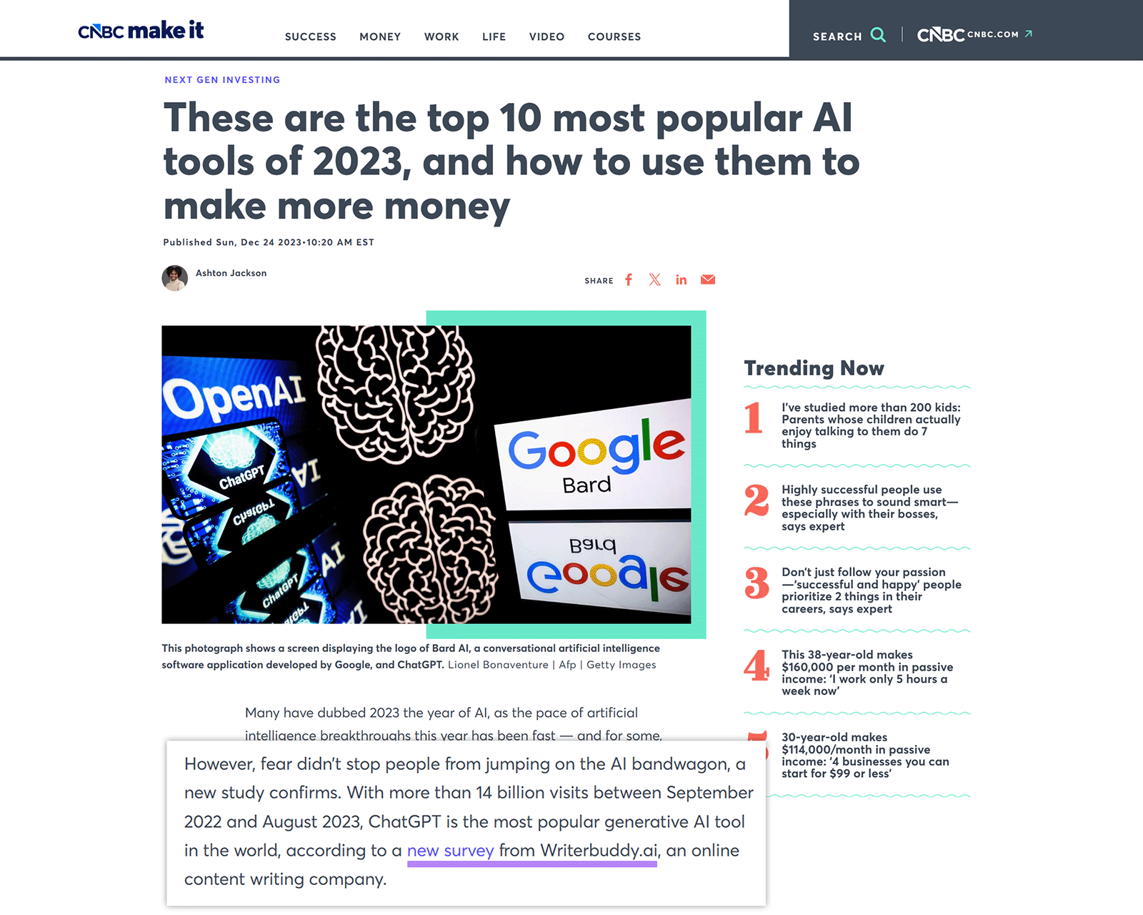 CNBC article citing a Writerbuddy AI tools study with a backlink to the original research