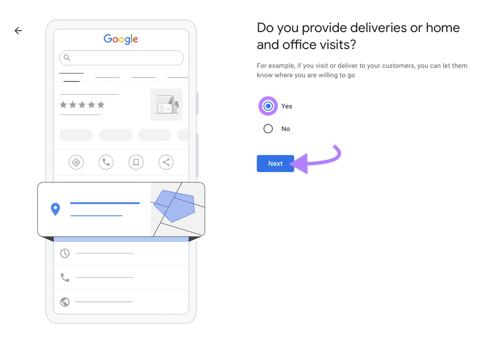 Business setup screen with delivery and home visit options highlighted.