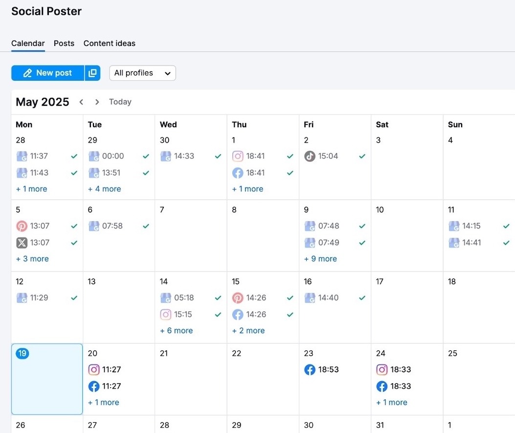 Calendar view on the Social Poster tool showing posts scheduled across different platforms like Facebook, GBP, LinkedIn, etc.
