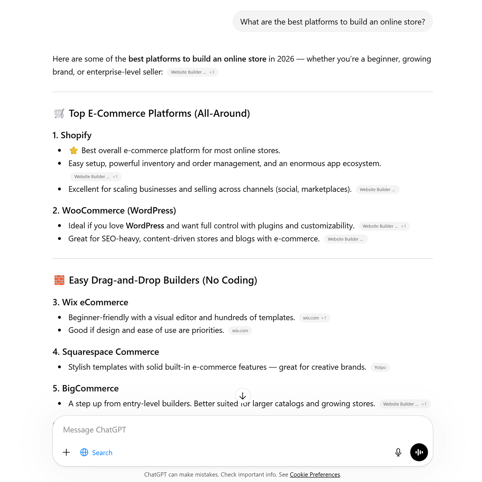 ChatGPT response listing top ecommerce platforms like Shopify, WooCommerce, Wix, Squarespace, and BigCommerce