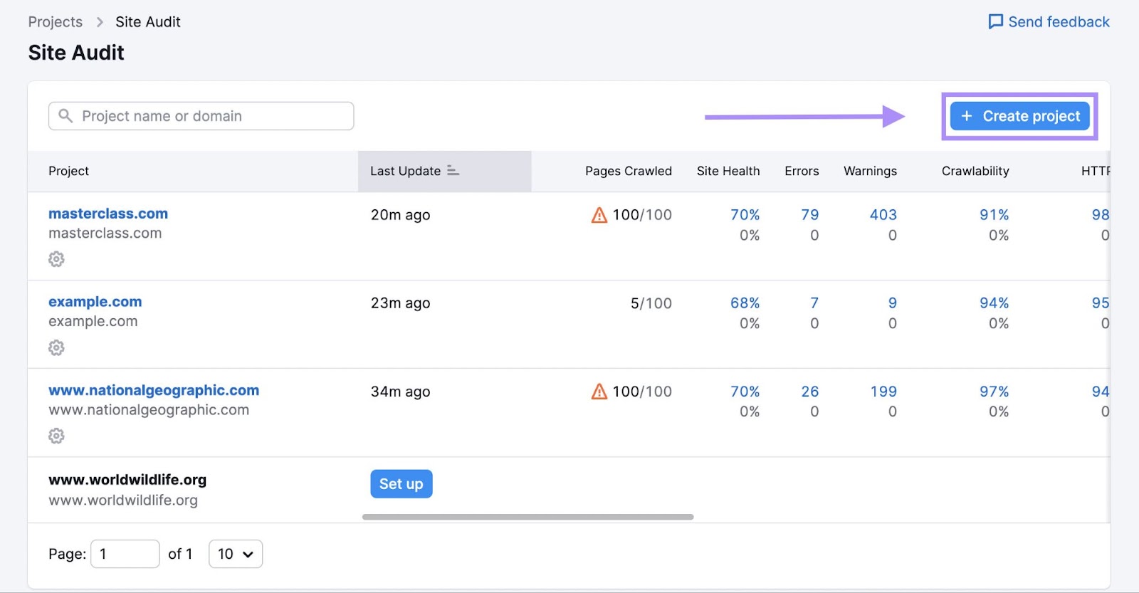 "+ Create project" button highlighted in the Site Audit tool