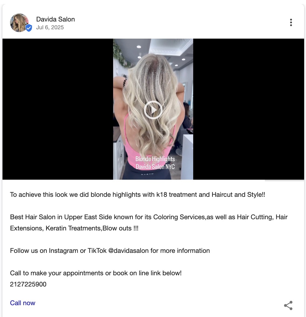Google Business Profile post by Davida Salon showcasing real customer results in the form of a video along with the details of the service.