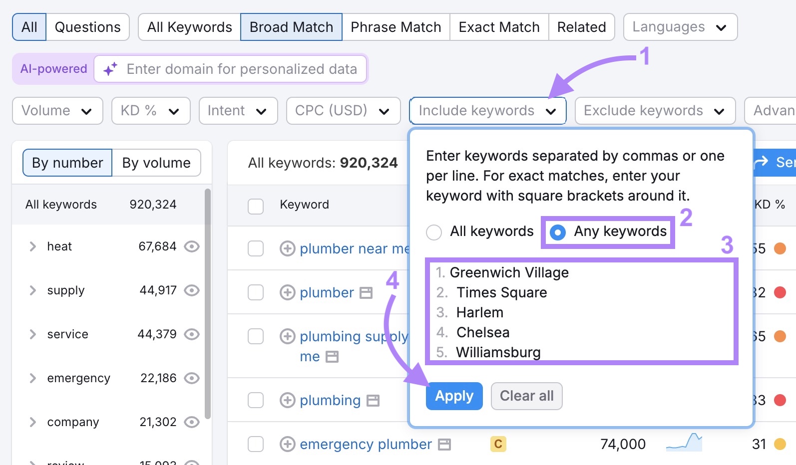 Applying location modifiers on the Keyword Magic Tool after clicking the "Include keywords" button.