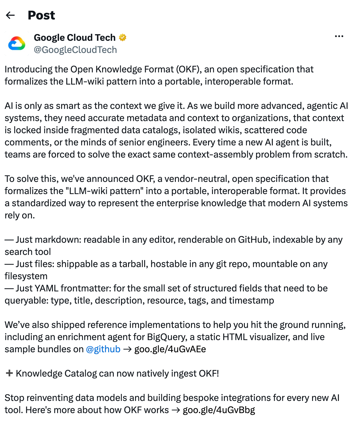 A post on X by Google Cloud Tech introducing Open Knowledge Format (OKF) along with how it works and the benefits.